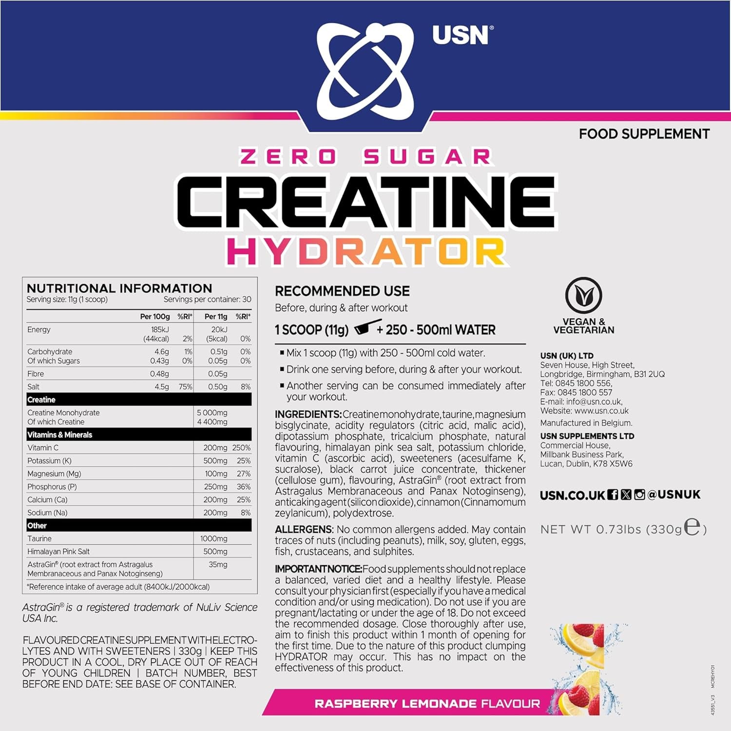 USN Creatine Hydrator - Creatine Monohydrate & Electrolyte Powder Drink with Himalayan Pink Salt & Sugar Free. Supports Muscle Growth, Strength & Hydration. Raspberry Lemonade - 330G (30 Servings)