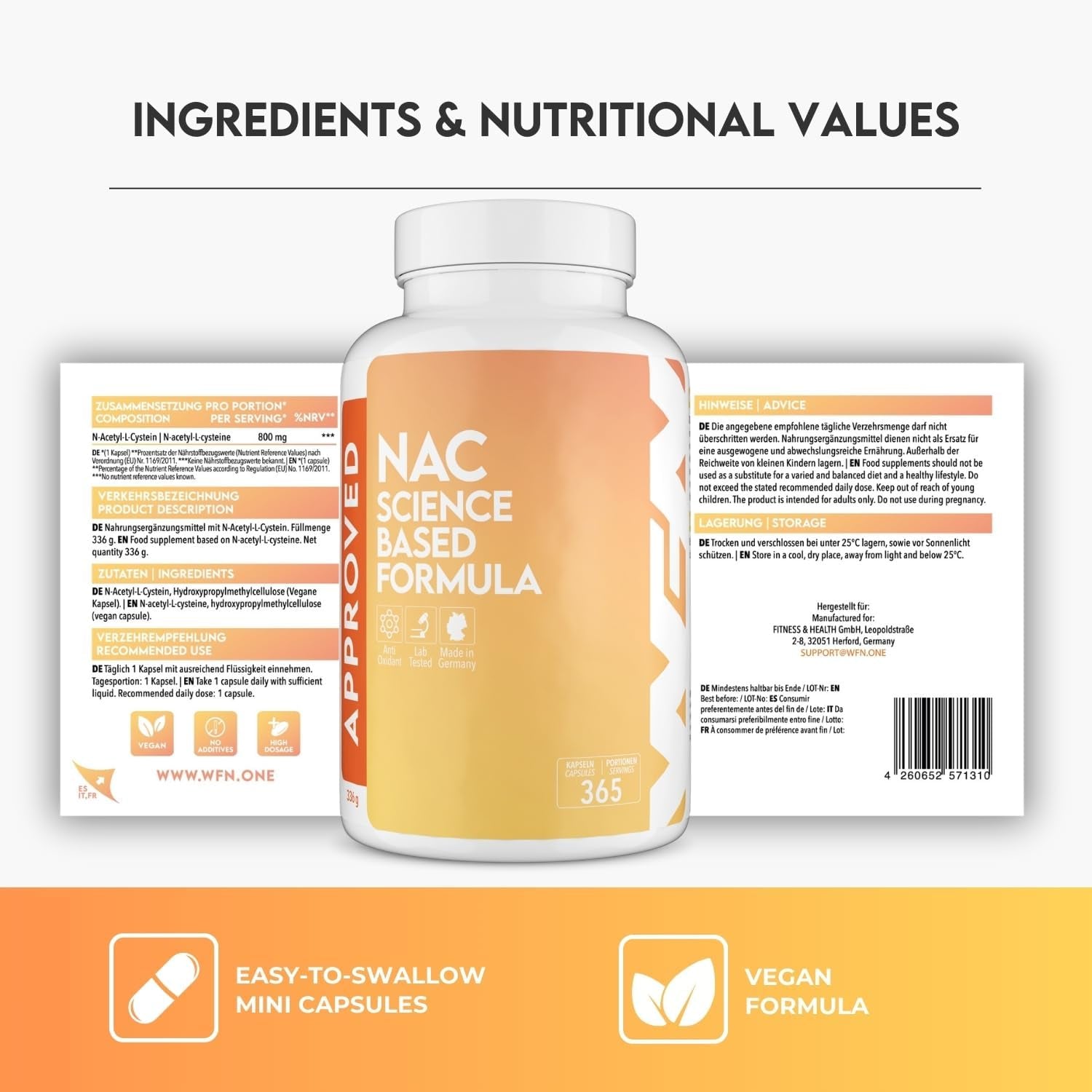 WFN Approved NAC 800 Mg per Capsule - N-Acetyl-L-Cysteine - 365 Capsules Annual Supply - Highly Dosed, Vegan, without Additives - Produced & Laboratory Tested in Germany