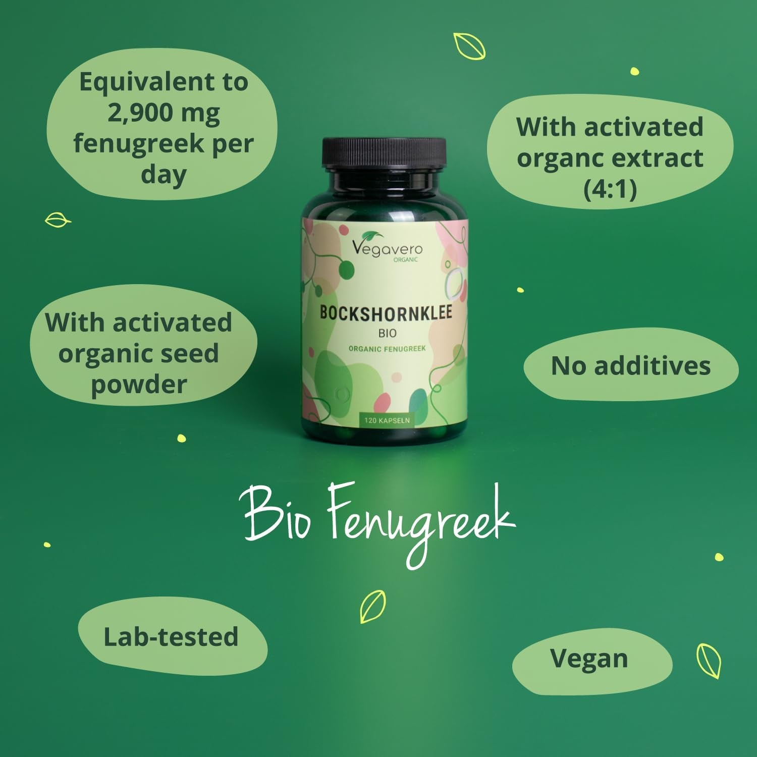 Vegavero Organic Fenugreek High Strength 2900 Mg | Lactation Supplement | 4:1 Extract and Powder | 120 Capsules | Vegan