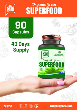 The Good Guru Organic Green Superfood Supplement Capsules - 90 Capsules with 18 Nutritious Ingredients