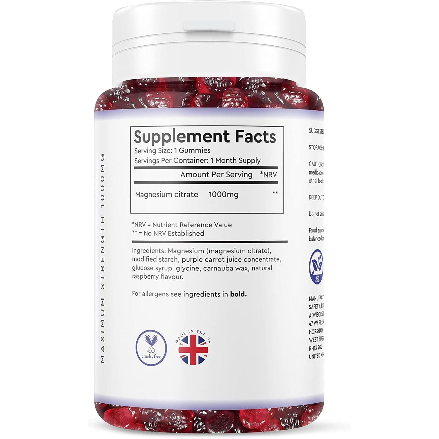 Magnesium Gummies 1000MG - Vegan 1 Month Supply - Berry Flavour - High Strength Magnesium Gummies - Magnesium Supplements, 30 Count (Pack of 1)