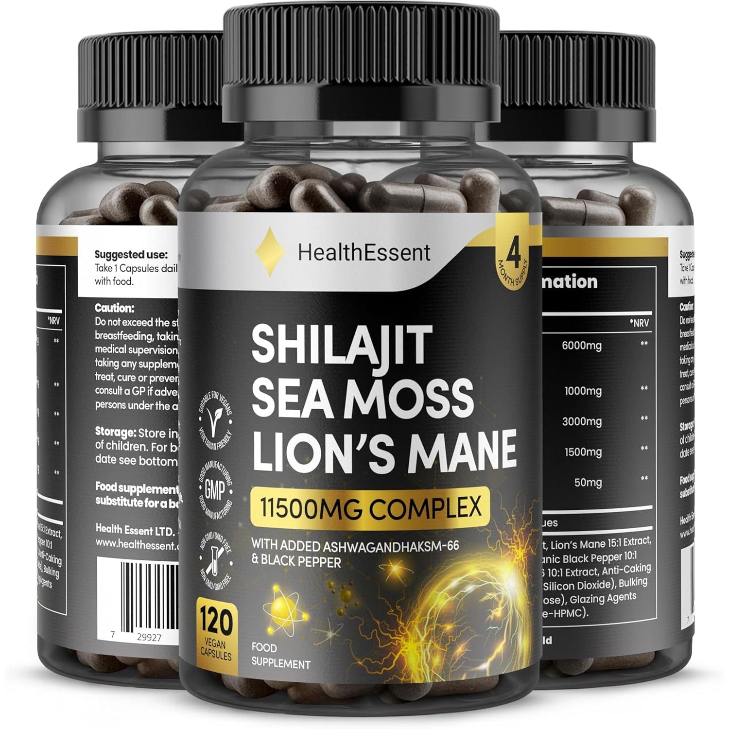 Sea Moss Shilajit Lion Mane 3 in One, with Added Ashwagandha and Black Pepper, 11500Mg Superfood Blend for Vitality & Immunity, Energy and Brain Health - 120 Vegan Capsules by Healthessent