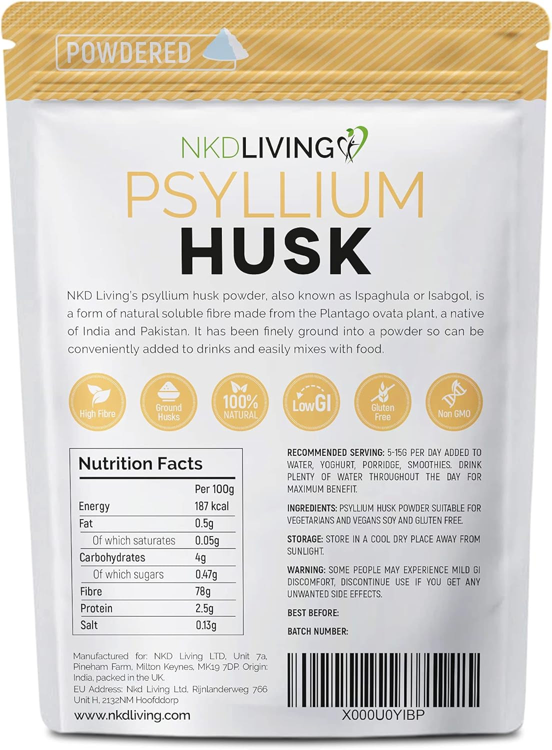 NKD Living Psyllium Husk Powder (500G) | Tested for Heavy Metals, Micro-Organisms and Pesticides (500G)
