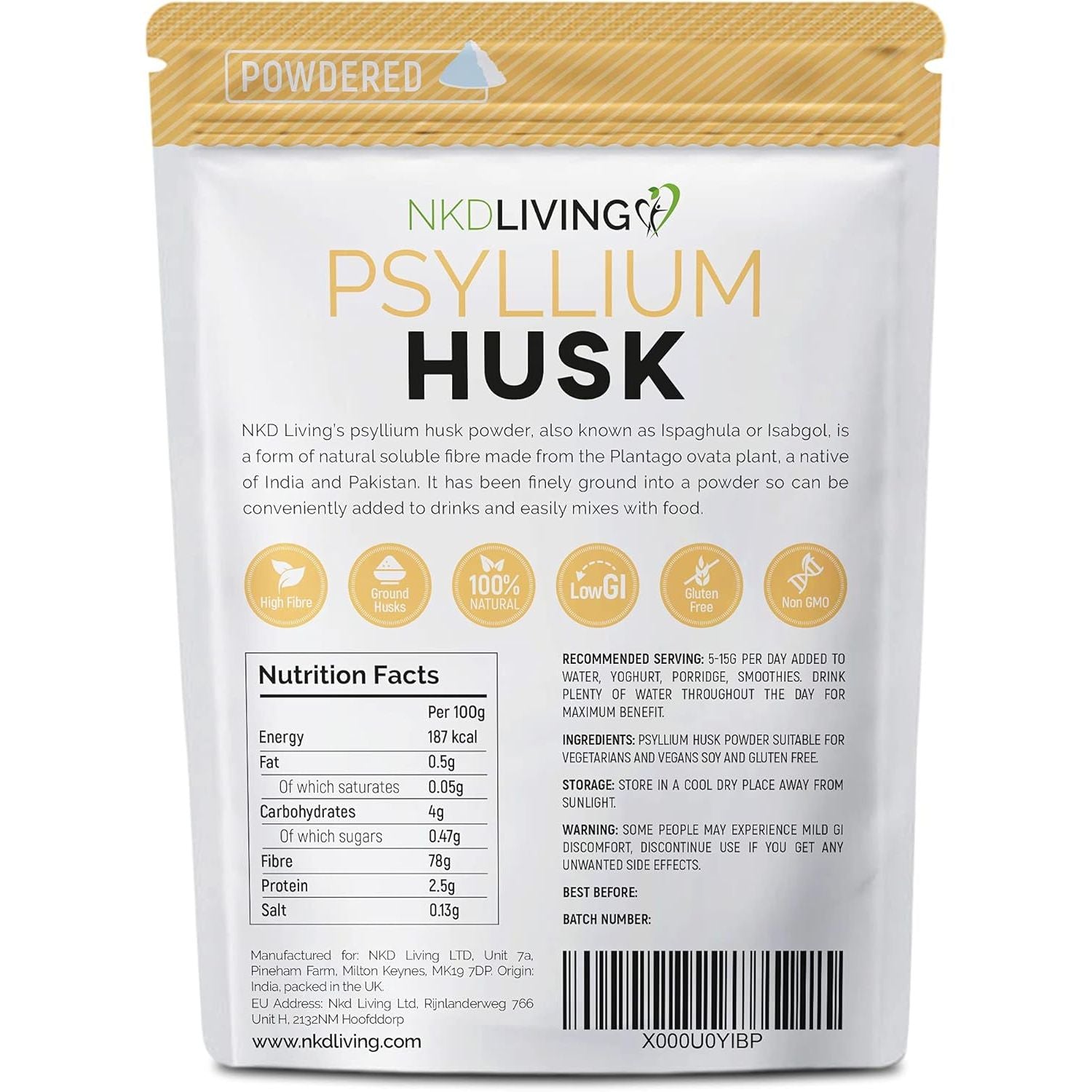 NKD Living Psyllium Husk Powder (500G) | Tested for Heavy Metals, Micro-Organisms and Pesticides (500G)