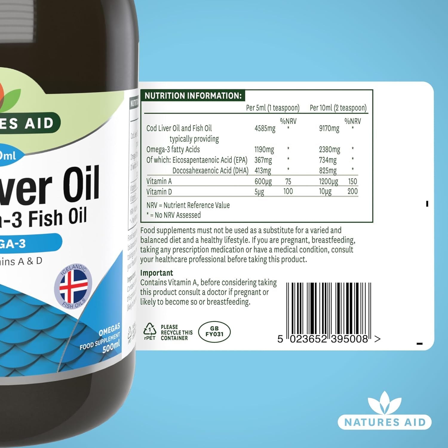 Natures Aid Cod Liver Oil Liquid 500Ml - High Strength Omega-3 Fish Oil with Vitamins a & D - Supports Immune System Heart Health Brain Function and Vision - Non-Gmo - Purity Guaranteed