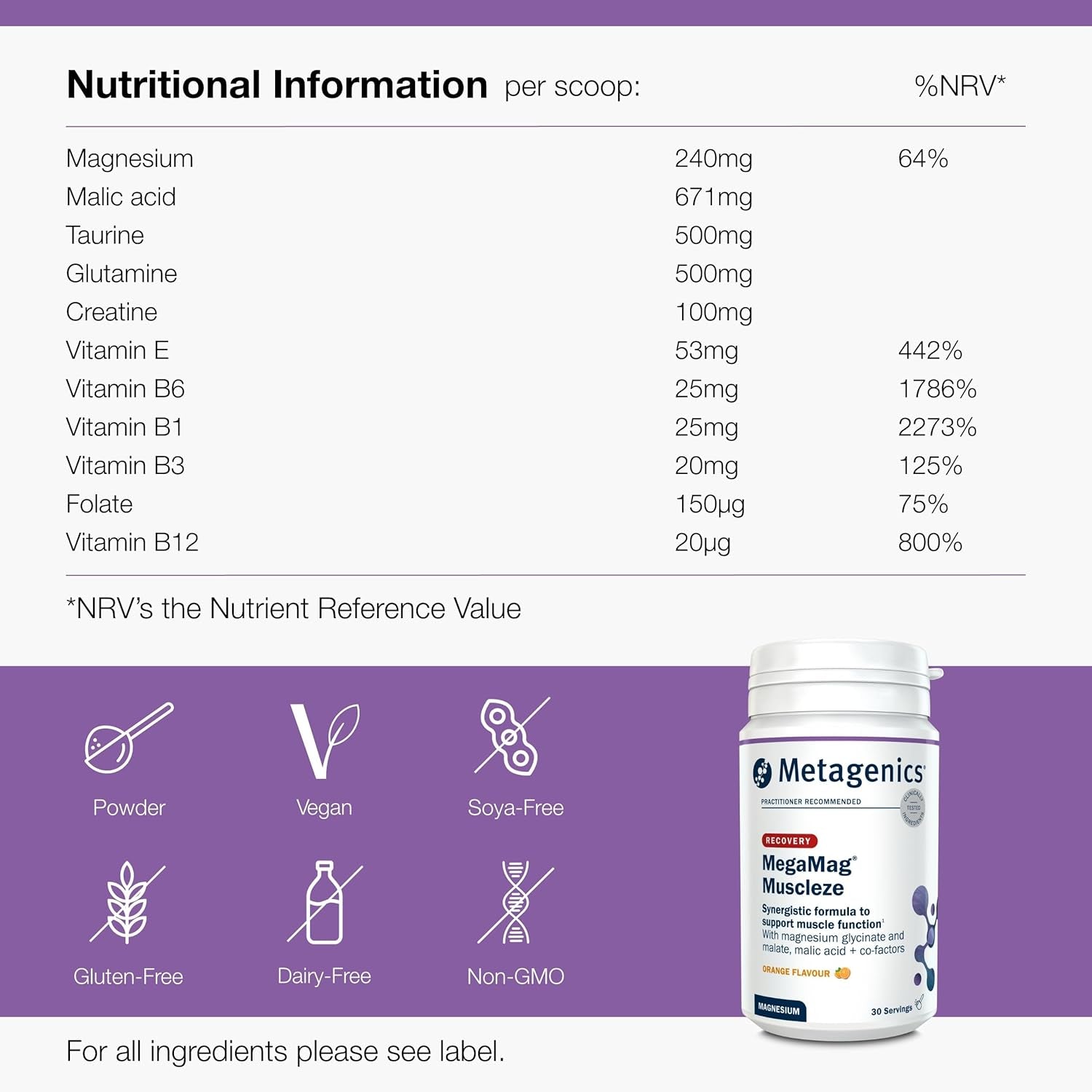 Metagenics Megamag Muscleze Magnesium Glycinate Powder - Muscle Recovery after Exercise - Orange, 30 Servings