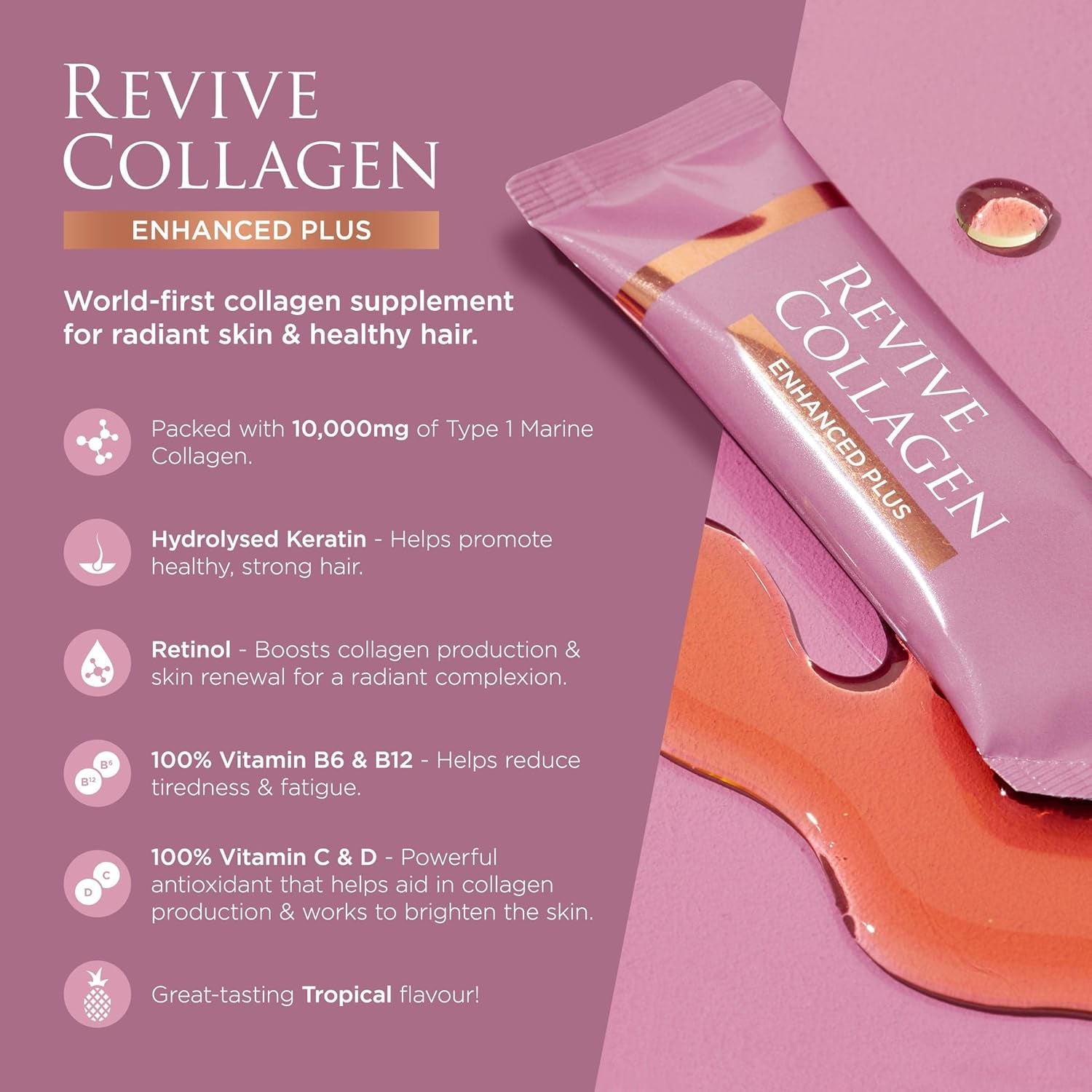 Revive Collagen Enhanced plus 10,000Mg Hydrolysed Marine Collagen Drink with Added Vitamin a & C for Healthy Skin, Hair, Nails & Joints | Tropical | 14 X Sachets
