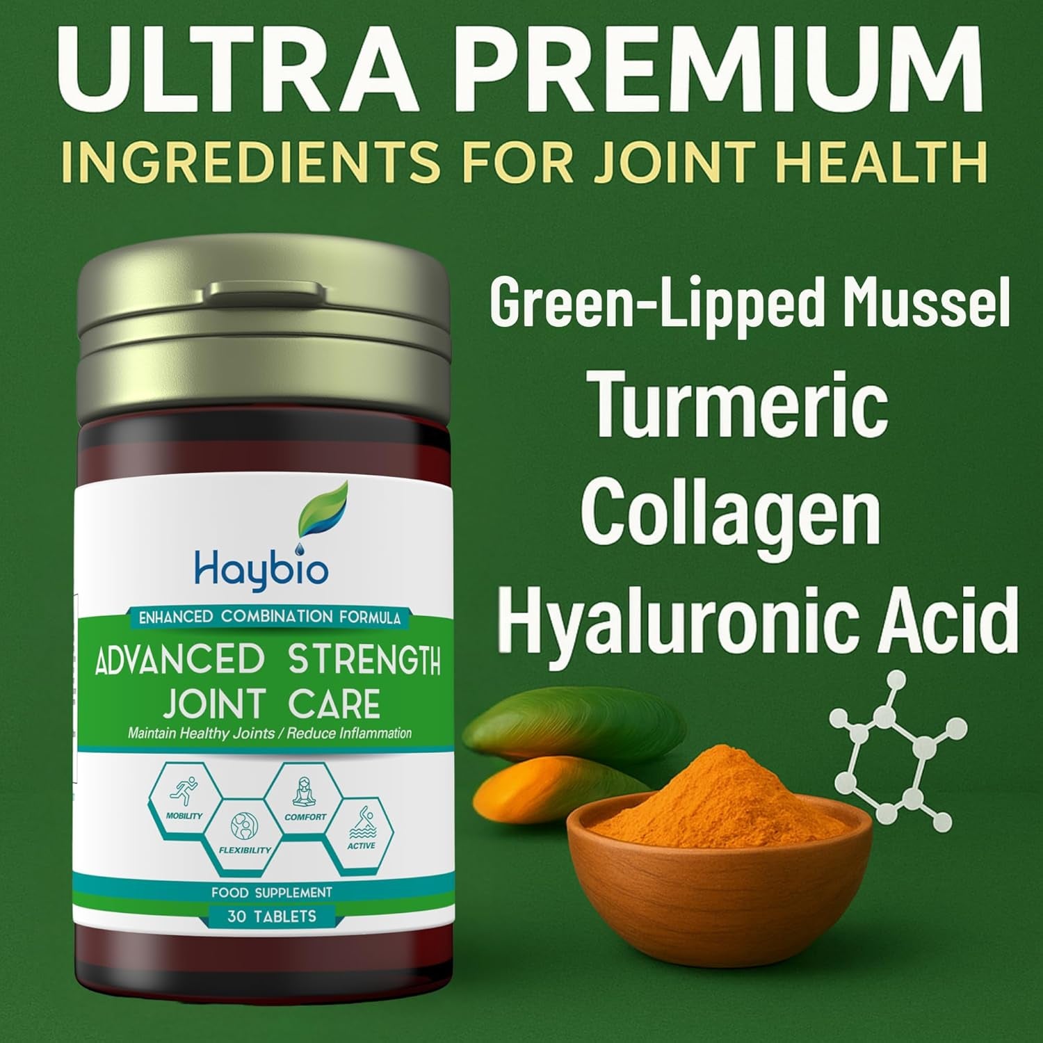 Haybio Joint Pain Relief - Twin Pack - 60 Tablets - High Strength Formula -Joint Care Supplements - Green Lipped Mussel - Turmeric - Collagen - Hyaluronic Acid - -Fast Acting - Knee Pain Relief