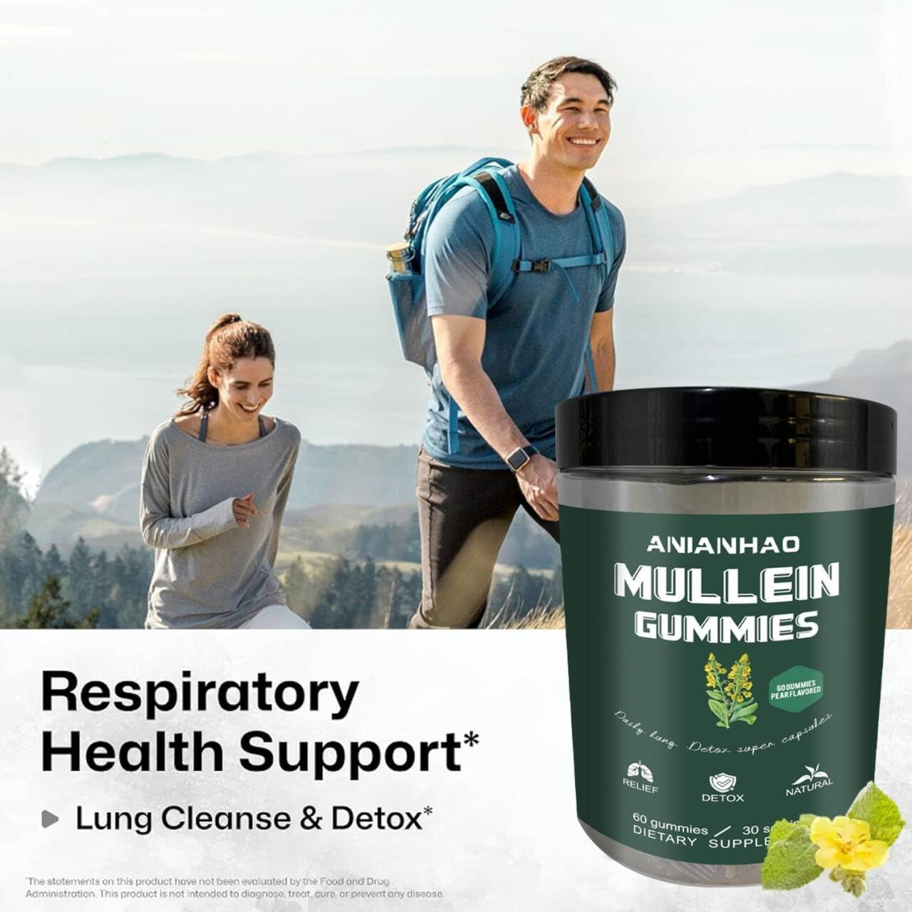Mullein Gummies - Mullein Leaf Extract for Lungs - Mullein Leaf Gummies 2000Mg for Lung Cleanse Detox Herbal Dietary Supplement- Mucus Remover & Mucus Relief (One Bottle)