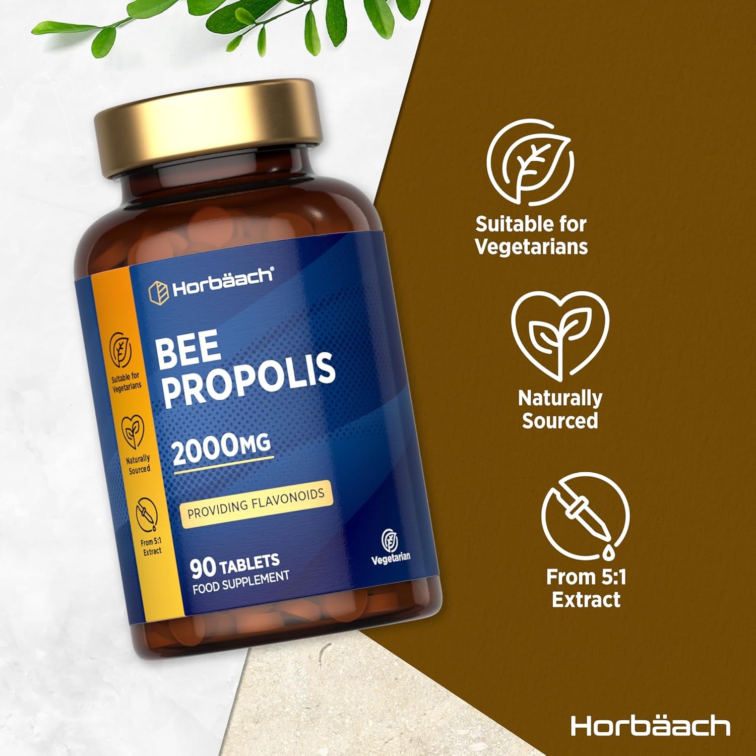 Bee Propolis Tablets 2000Mg | Flavonoids Propolis Supplement | 90 Vegetarian Tablets | High Strength 5:1 Extract | by Horbaach