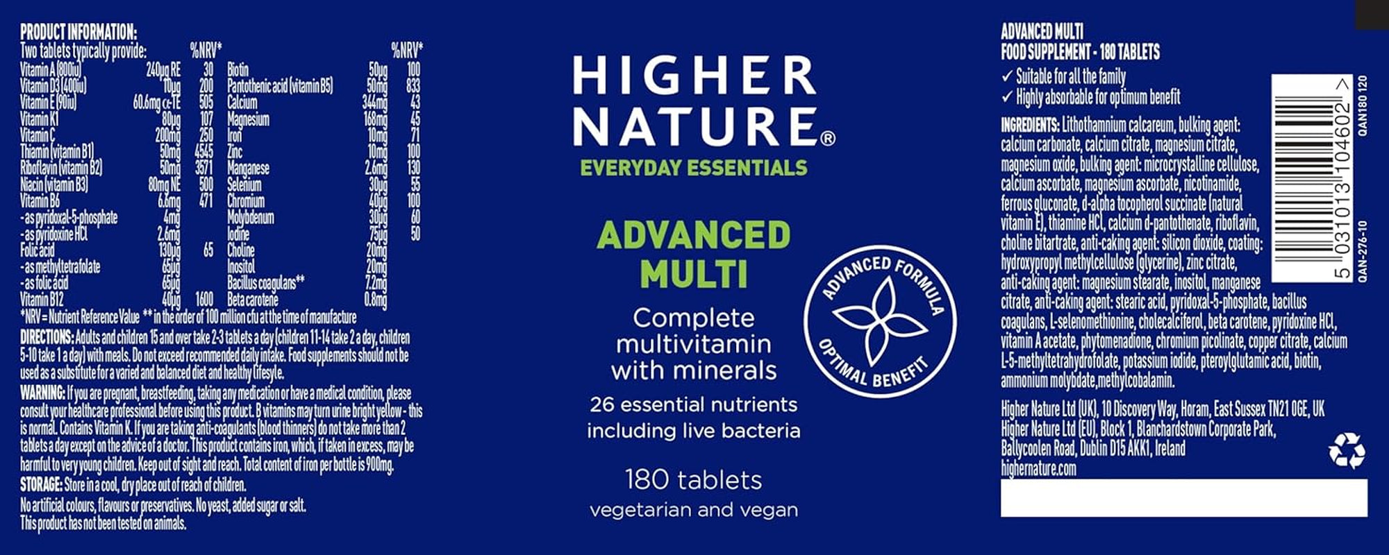 Higher Nature - Advanced Multi - Multi Vitamins Supplements - 26 Essential Vitamins, Minerals & Live Bacteria - 180 Tablets