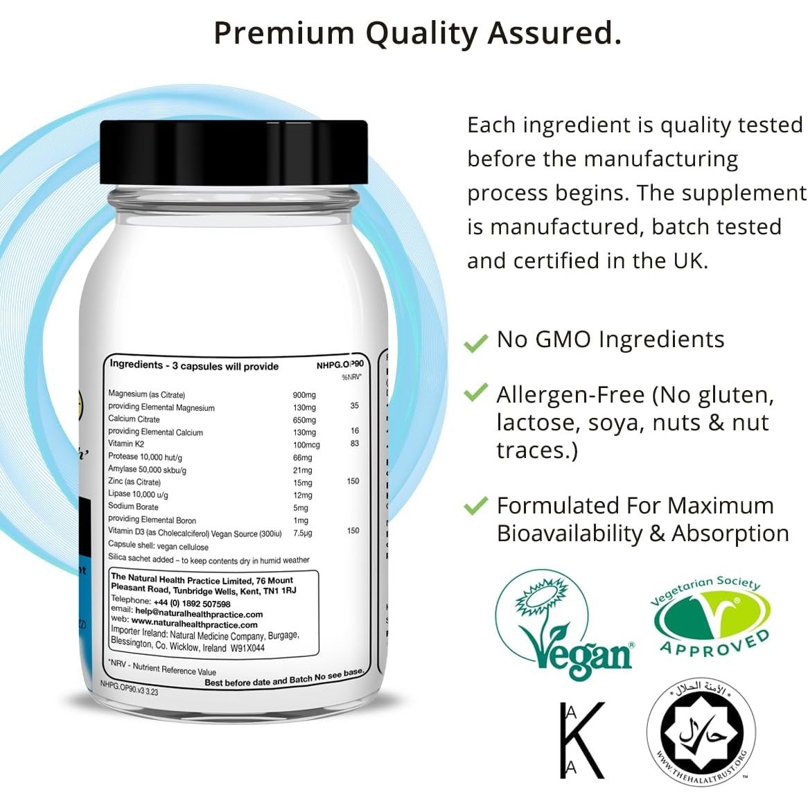 NHP Advanced Osteo Support - Multivitamin Supplement for Healthy Bones with Calcium, Magnesium, Vitamin D3, Zinc, and Digestive Enzymes,Vegan, All-Natural,No Fillers - 90 Vegan Capsules