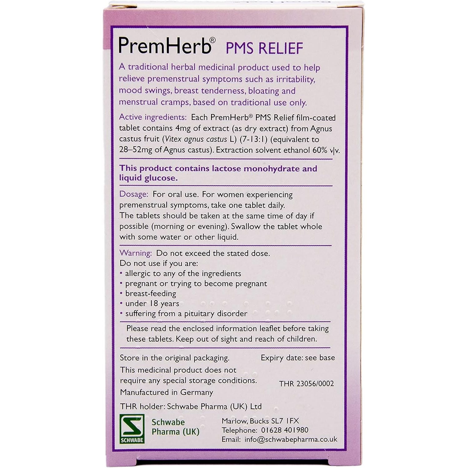 Schwabe Pharma - Premherb PMS Relief - Agnus Castus Fruit Extract 4Mg - Traditionally Used for Relief of Breast Tenderness, Mood Swings, Menstrual Cramps, Bloating - 30 Tablets