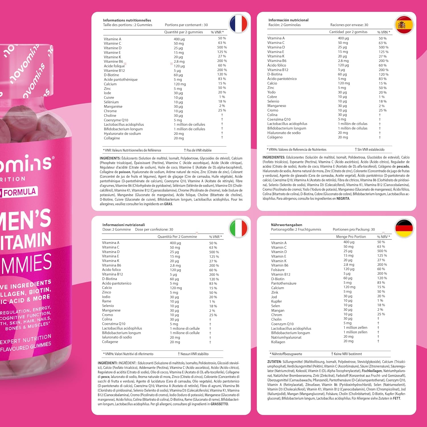 Multivitamin Gummies for Women - 23 Vitamins, Minerals & Probiotics for Women - Marine Collagen, Hyaluronic Acid, Folic Acid, Vitamin D, A, C, B, Biotin & Zinc – 60 Vitamin Gummies - Novomins