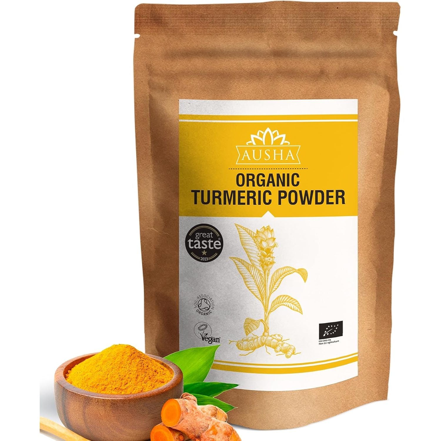 Ausha Organic Turmeric Powder 500G 5-6% High Curcumin - UK Certified Organic by Soil Association - Cooking, Turmeric Shot - 1* Great Taste Award 2023