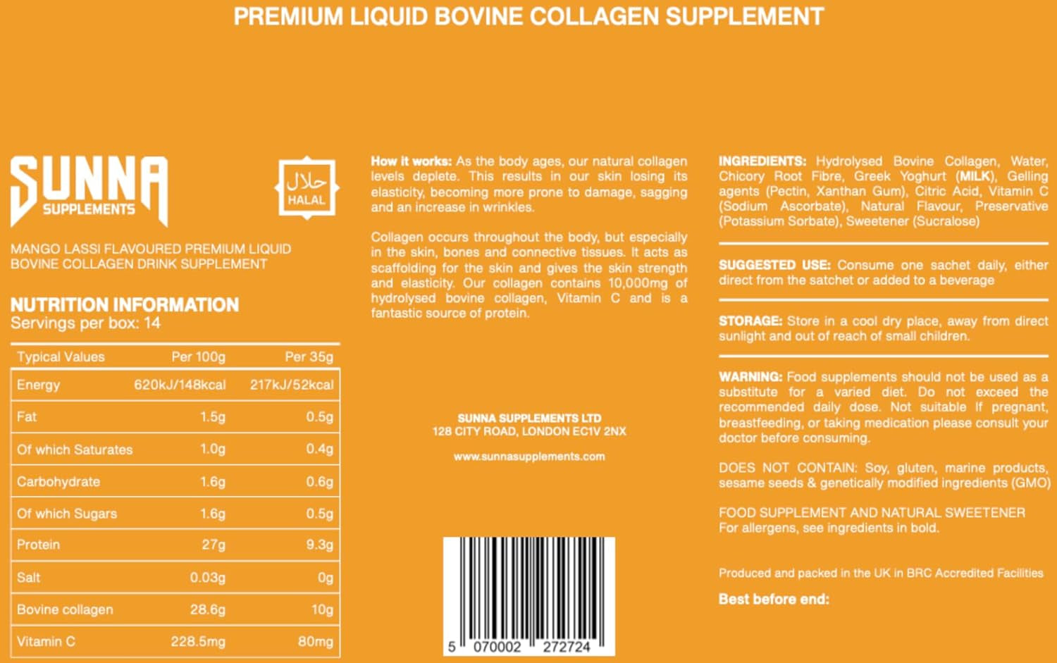 SUNNA SUPPLEMENTS - Halal Mango Lassi Collagen Drink with Vitamin C - 10000 Mg Liquid Bovine Collagen Peptides for Women and Men - Hydrolysed Formula Suitable for Everyone - 14 Sachets (35Ml Each)