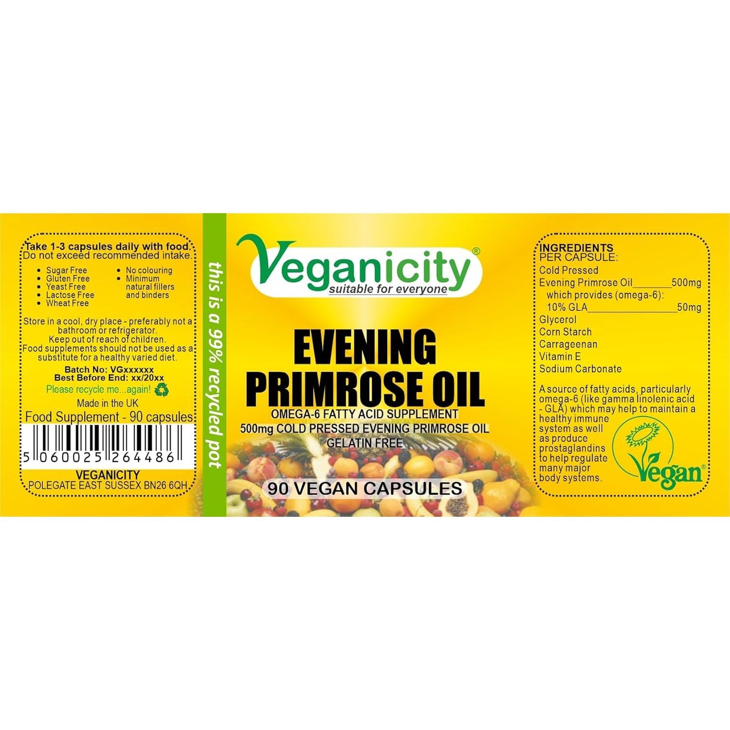 Veganicity Evening Primrose Oil 500Mg (10% GLA) : Omega-6 Plant Supplement : 90 Vegan Capsules, in a Planet-Friendly 99% Recycled Pot