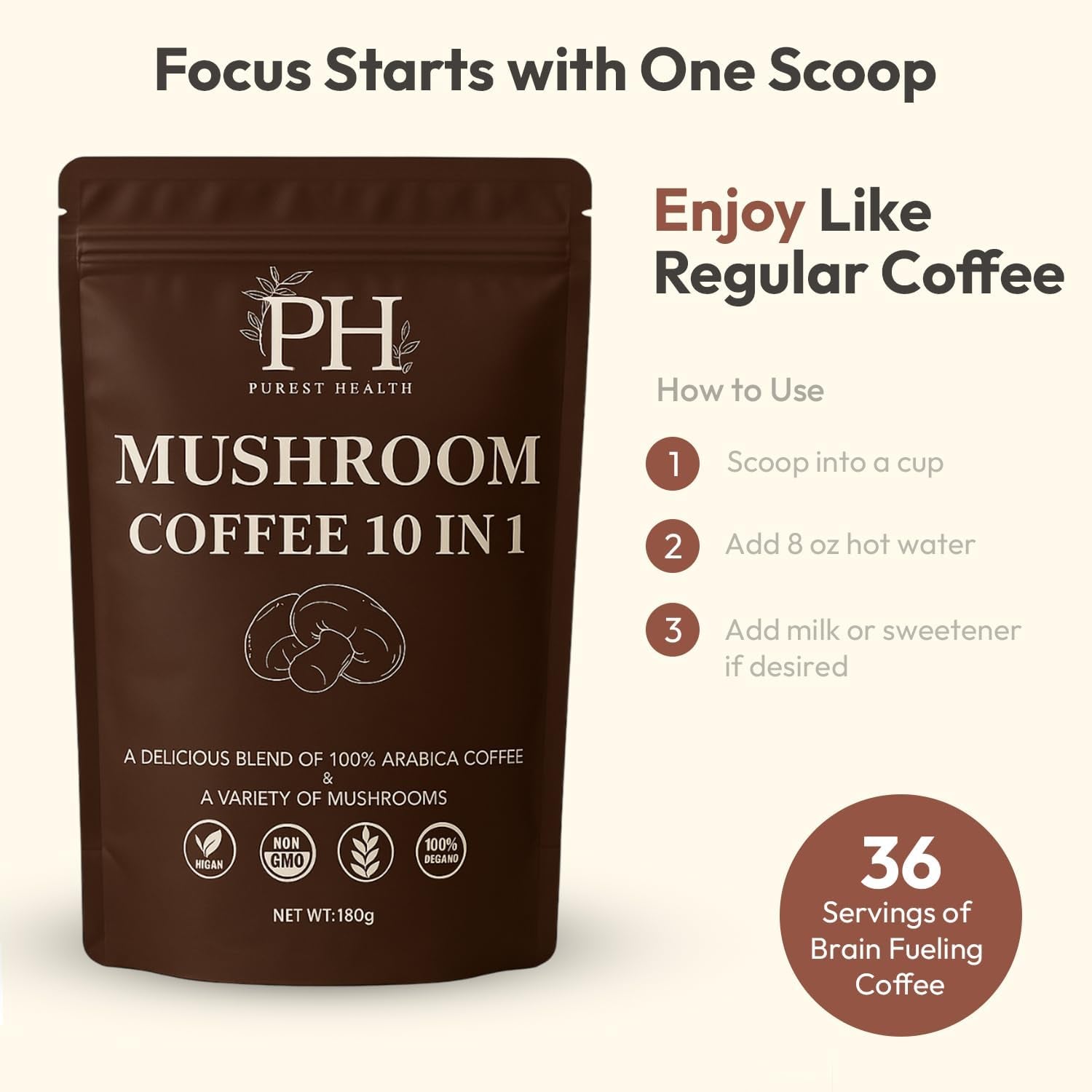 Purest Health Mushroom Coffee - 10 Mushroom in 1 Advanced Blend - Premium Arabica Coffee with Lions Mane, Maca and Ashwagandha - Vegan & Non-Gmo, 180G, 36 Servings
