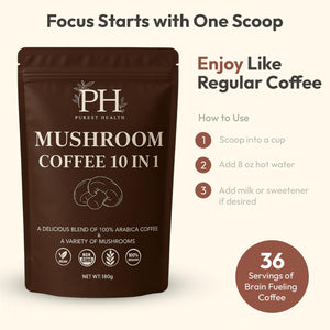 Purest Health Mushroom Coffee - 10 Mushroom in 1 Advanced Blend - Premium Arabica Coffee with Lions Mane, Maca and Ashwagandha - Vegan & Non-Gmo, 180G, 36 Servings