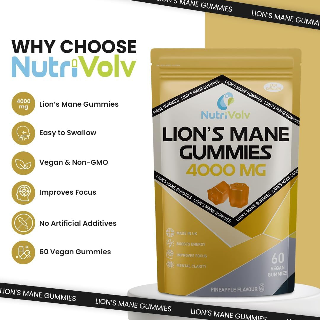 Lions Mane Gummies 4000Mg | Super Strength Lion'S Mane Supplement | 1 Month Supply | Mushroom Extract | Pineapple Flavour | 60 Vegan Gummies | Sugar Free | Focus, Mental Performance | by Nutrivolv