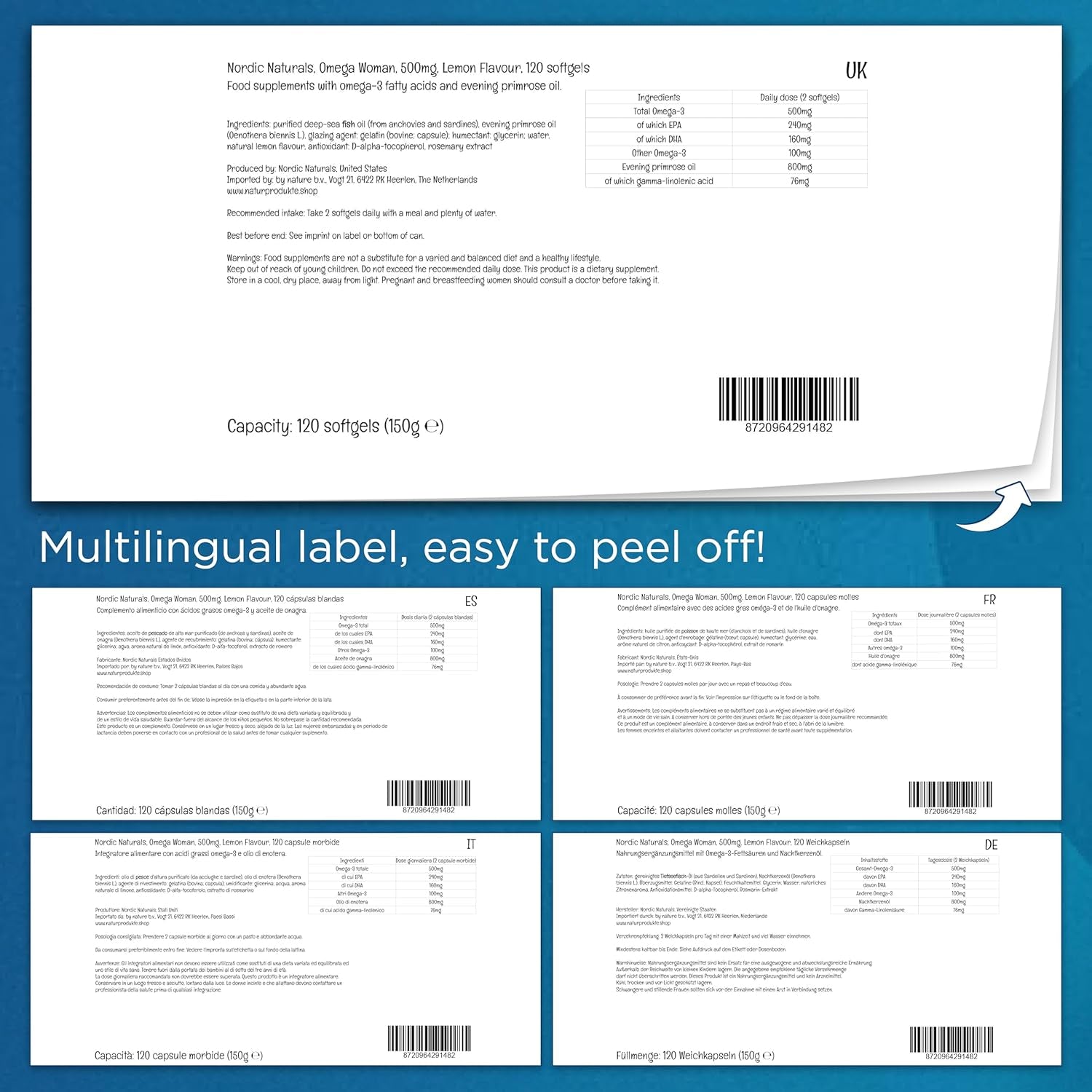 Nordic Naturals, Omega Woman, 500Mg Omega-3, with Evening Primrose Oil, Highly Dosed, Lemon Flavour, 120 Softgels, Soy-Free, Gluten-Free, Non-Gmo