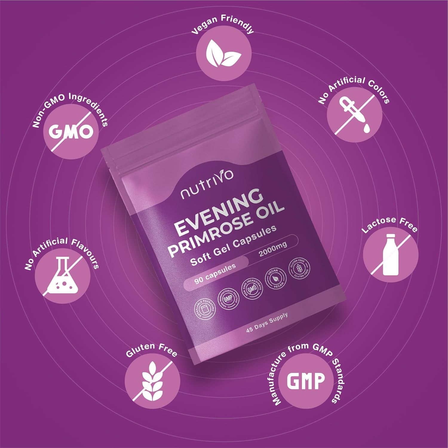 Evening Primrose Oil 1000Mg (2000Mg per 2 Capsule Serving) | 90 Capsules per Pouch - 45 Days Supply | High Strength & High GLA (Omega 6) Content | Cold Pressed