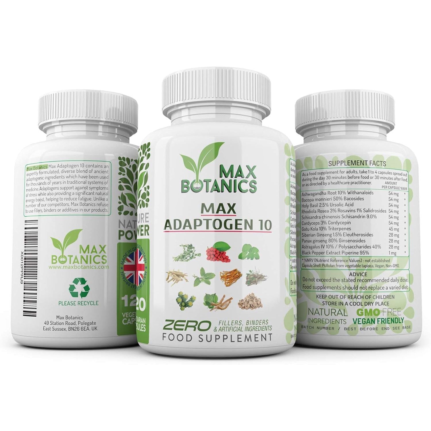 Max Adaptogen 10 | Ayurvedic Herbs | Ashwagandha, Bacopa, Holy Basil, Rhodiola Rosea, Schisandra, Cordyceps, Gotu Kola, Siberian & Panax Ginseng, Astragalus (120 Capsule Bottle)
