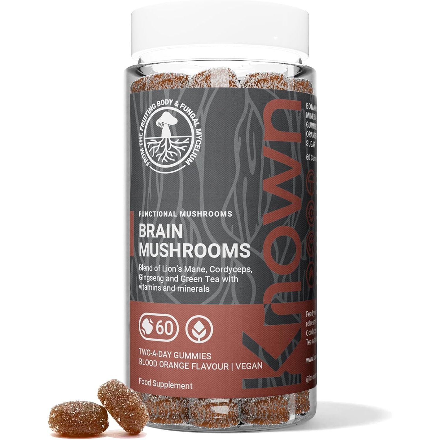Known Tasty Brain Mushrooms Gummies - Lion'S Mane, Cordyceps, B Vitamins for Energy - Natural Orange Flavour - 60 Vegan Gummies, 1 Month Supply