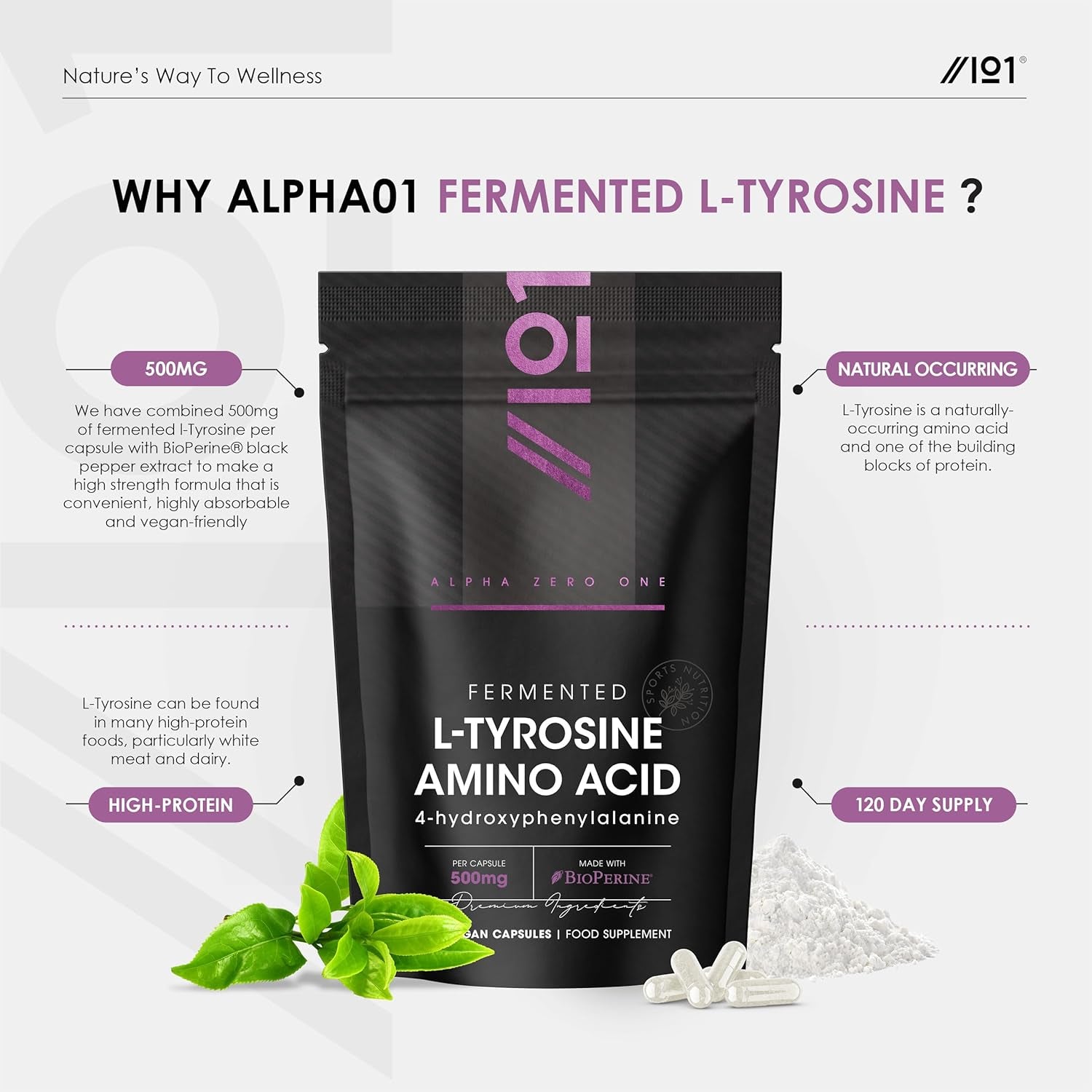 Fermented L-Tyrosine 500Mg with Bioperine - 120 Capsules - Essential Amino Acid Support (120 Day Supply) by Alpha01