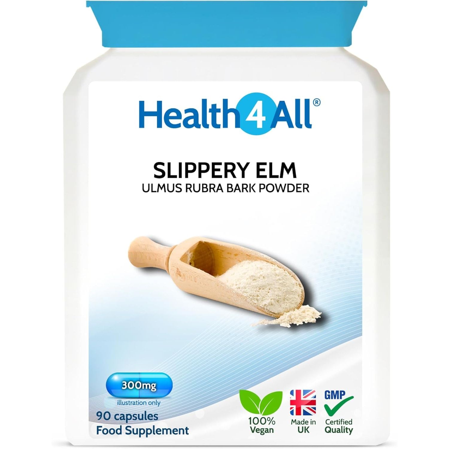 Health4All Slippery Elm 300Mg 90 Capsules, Digestive Health & Acid Reflux Support. Vegan Digestive Support Supplement, Slippery Elm Inner Bark Powder, Stomach Soothe, Gluten Free | Made in UK