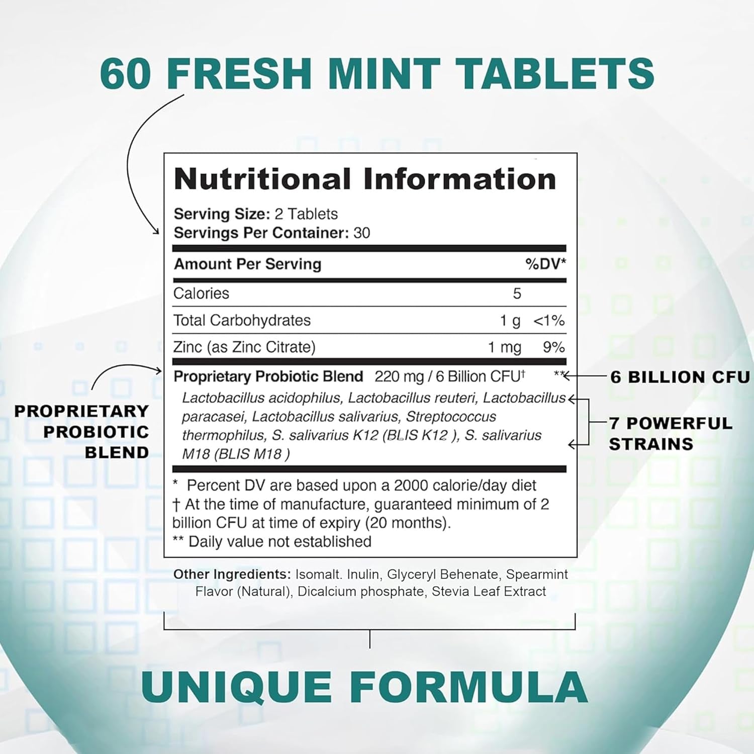 Dental Probiotics Advanced Oral Probiotics for Mouth Supplement - Bad Breath Treatment for Adults with BLIS K12 & BLIS M18-6 Billion CFU, Mint Flavour Chewable Oral Care Tablets - 60 Count