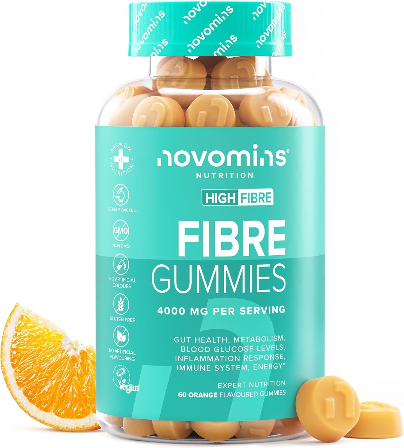 Fibre Gummies – 4000 Mg High Fibre – Fibre Supplements with Calcium for Gut Health and Digestive System Support - Vitamin D, B12, Chromium and Inulin - 60 Gummies – by Novomins