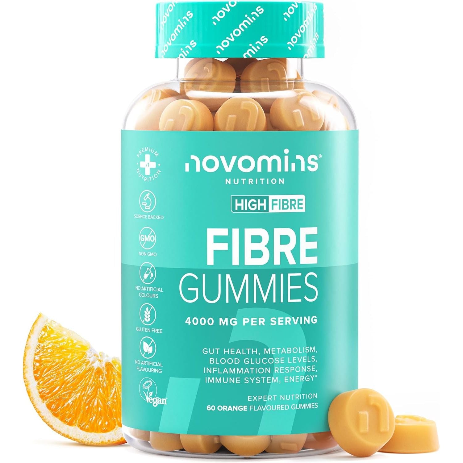 Fibre Gummies – 4000 Mg High Fibre – Fibre Supplements with Calcium for Gut Health and Digestive System Support - Vitamin D, B12, Chromium and Inulin - 60 Gummies – by Novomins
