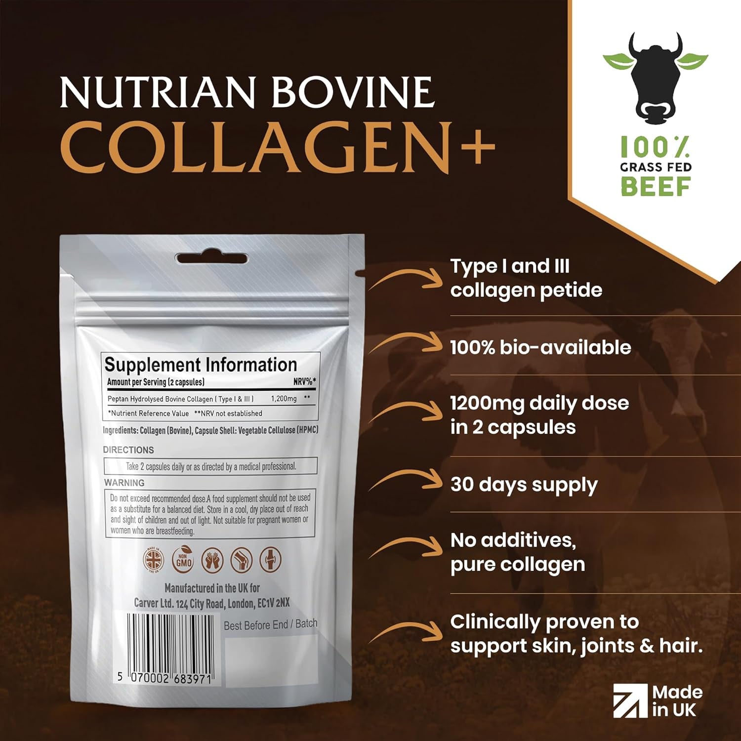 Nutrian Grass-Fed Hydrolysed Bovine Collagen Supplements 1200Mg, Type I and III Peptides for Skin, Bones and Joints Support, Bio Active Collagen Supplement for Women and Men, 60 Capsules