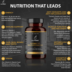 Advanced Multivitamin & Minerals | 120 Tablets / 4 Month Supply | 26 A-Z High Strength Bioactive Vitamins, Minerals, Antioxidants & Herbal Extracts. Daily Supplement for Men & Women. UK Made Alphemy