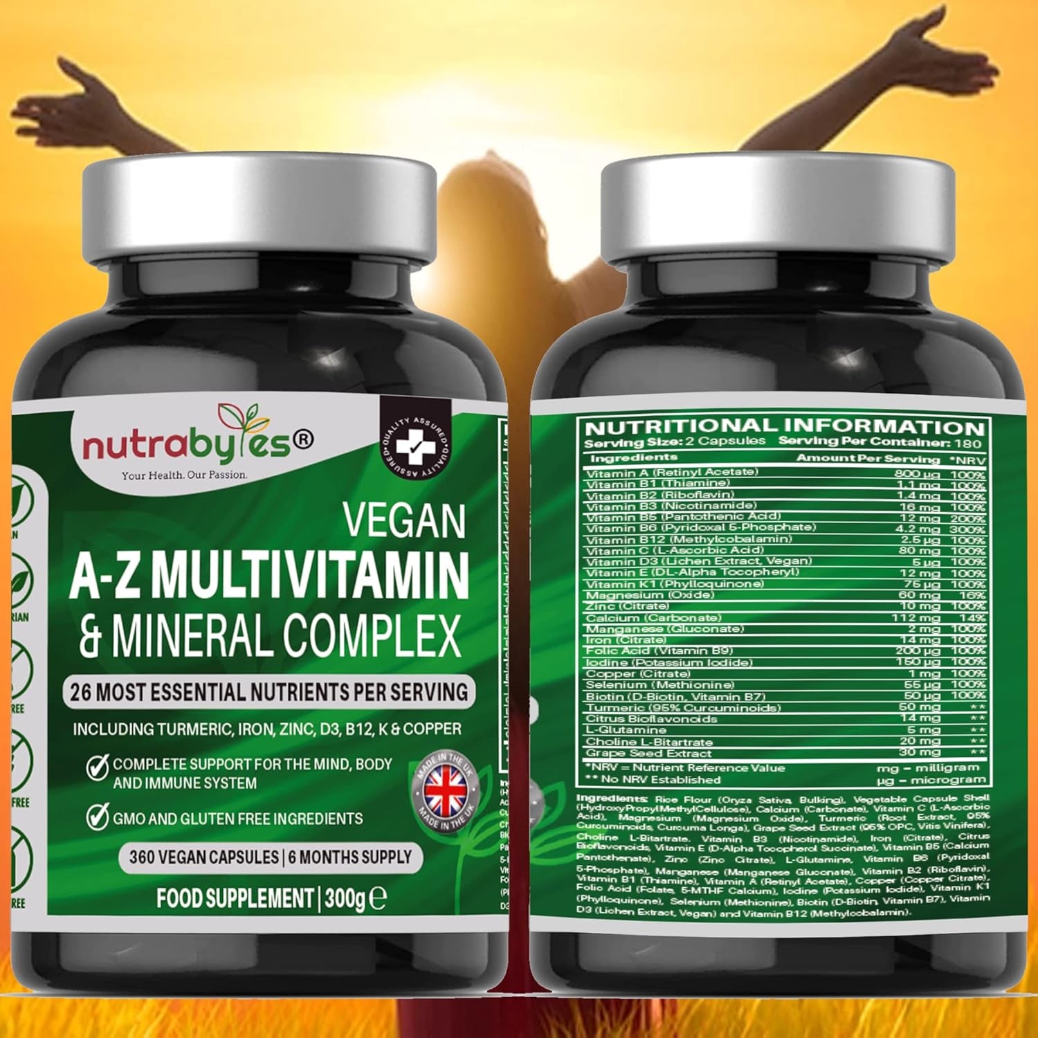 Nutrabytes Vegan A-Z Multivitamin & Mineral Complex Supplement, 360 Capsules | 26 Essential Vitamins & Minerals for Energy, Immune System, Hair, Skin, Bone, Muscle, Brain & Gut Support | for 6 Months