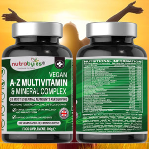 Nutrabytes Vegan A-Z Multivitamin & Mineral Complex Supplement, 360 Capsules | 26 Essential Vitamins & Minerals for Energy, Immune System, Hair, Skin, Bone, Muscle, Brain & Gut Support | for 6 Months