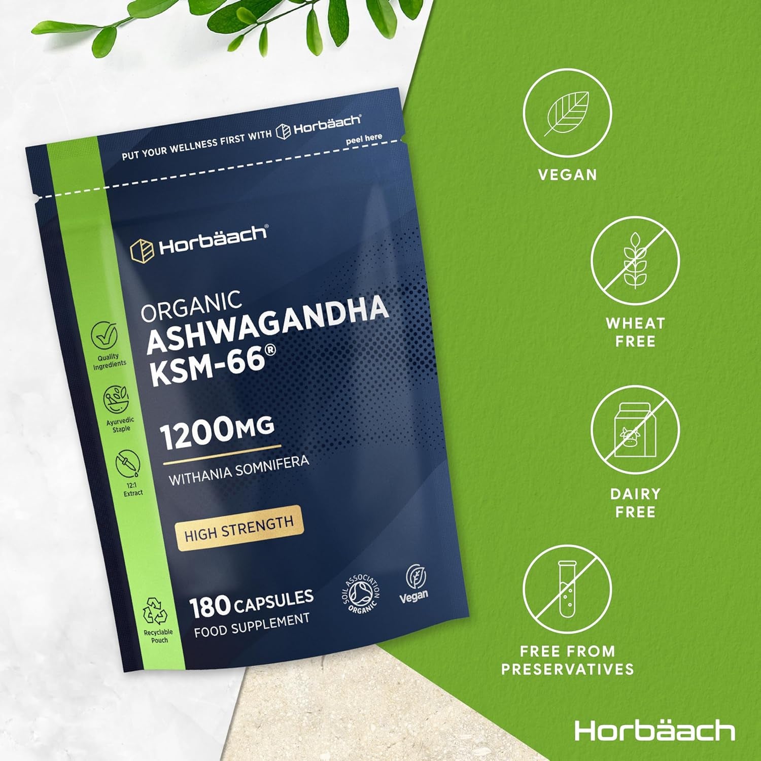Organic Ashwagandha KSM-66® 1200Mg with 5% Withanolides | Pure Ashwagandha Root Powder | High Strength | 180 Vegan Capsules (Not Tablets) | Supplement for Men & Women | by Horbaach