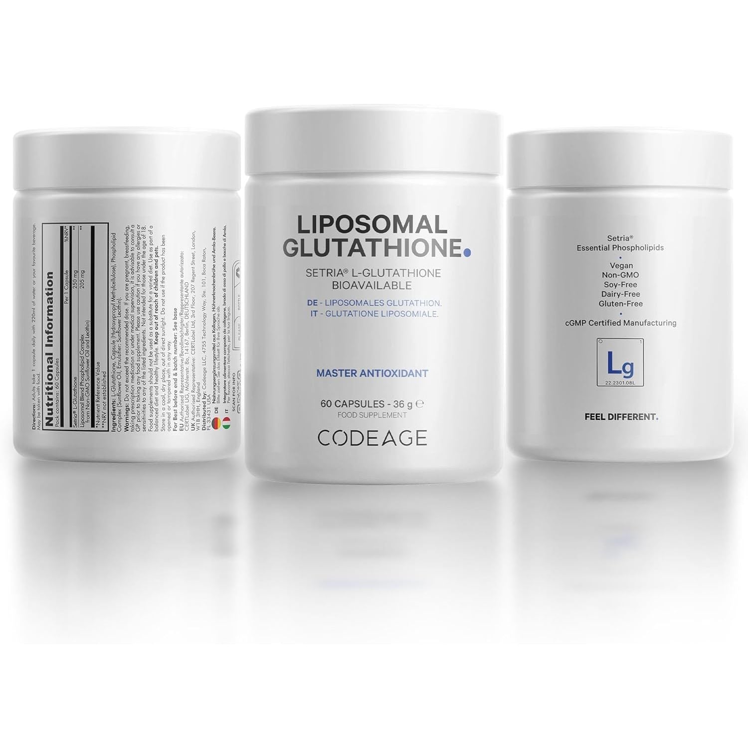 Codeage Liposomal Glutathione Supplement - Pure Reduced Setria L Glutathione Skin - Nano Encapsulated Glutathione Powder Pills - Phospholipids - Antioxidant Complex - Vegan, Non-Gmo - 60 Capsules