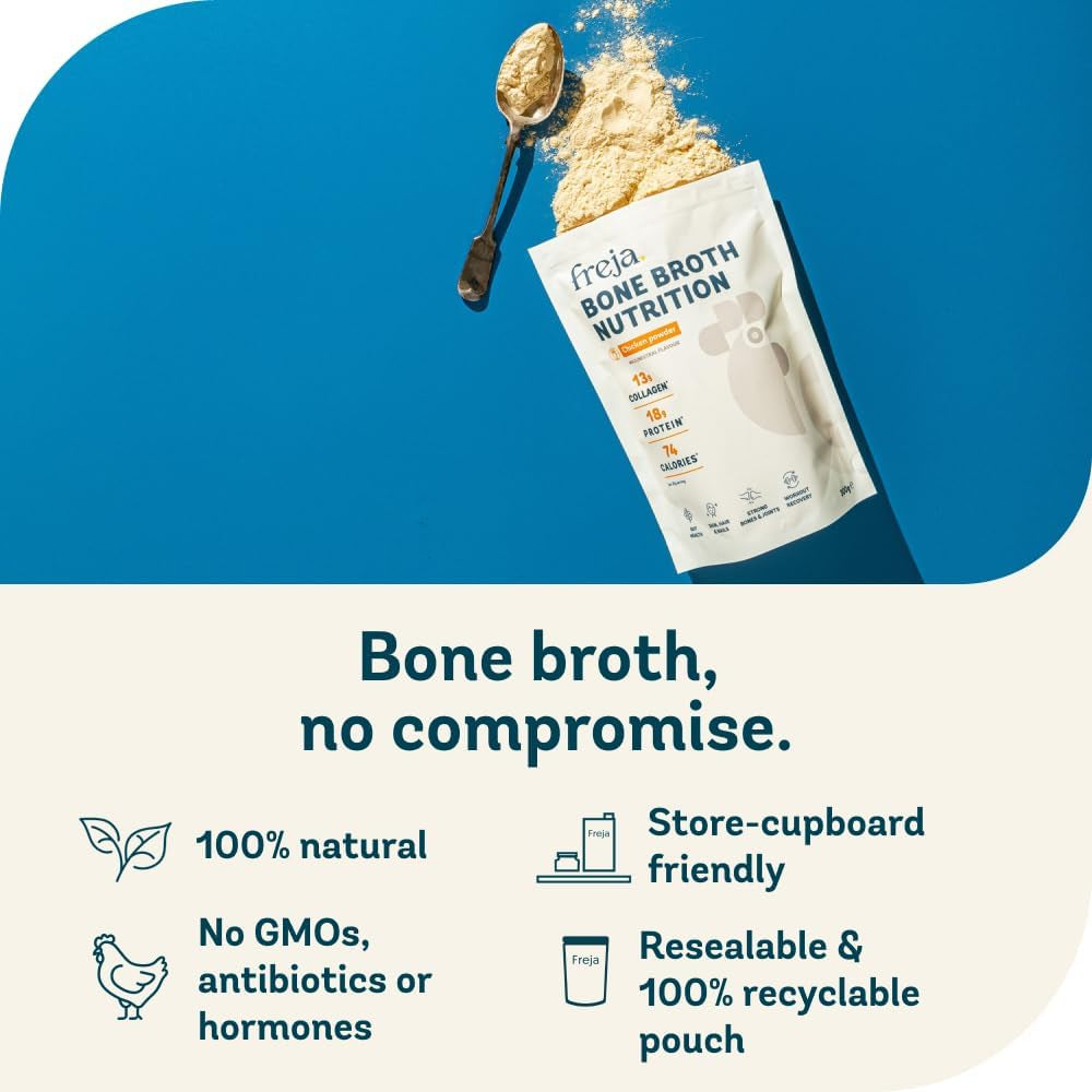Freja Bone Broth Powder | 100% Natural Collagen & Protein Powder | Free-Range Chicken | Amino Acids & Minerals | Nutrition for Healthy Gut, Joints, Skin, Hair & Nails | 300G (15 Servings)