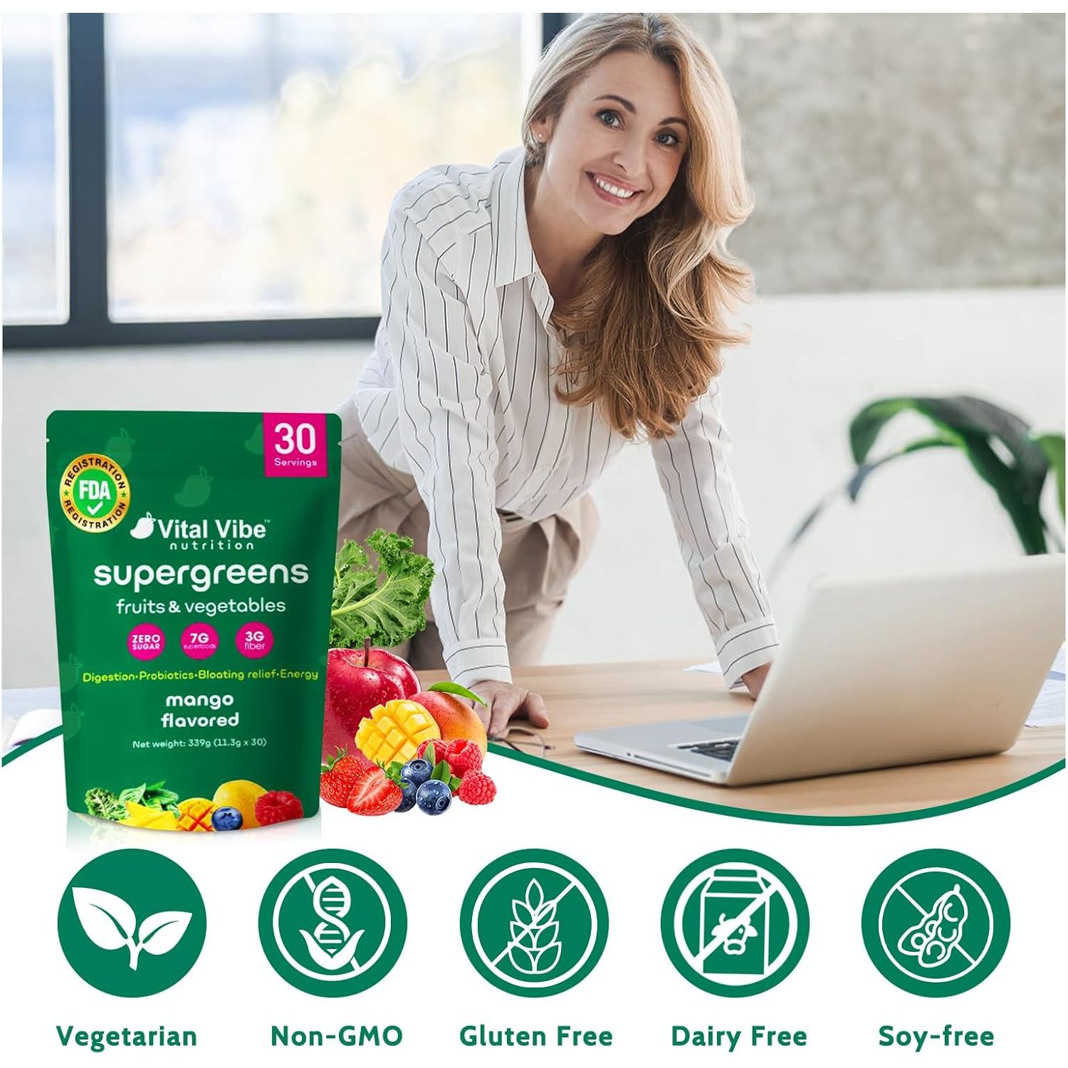 Vital Vibe Super Greens Powder 30 Servings - with Prebiotics, Probiotics & 3G Fiber - Spirulina, Chlorella for Gut Health, Energy & Digestion - Mango Flavor, Vegan, Zero Sugar