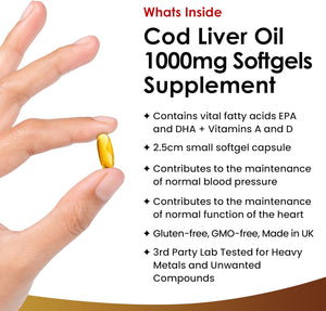 Cod Liver Oil Softgels 1000Mg - 180 Cod Liver Soft Gels High Strength Softgels- Cod Liver Oil Rich in Omega 3 EPA DHA Fatty Acids + Vitamins a & D, High Strength Fish Oil - UK Made, by New Leaf