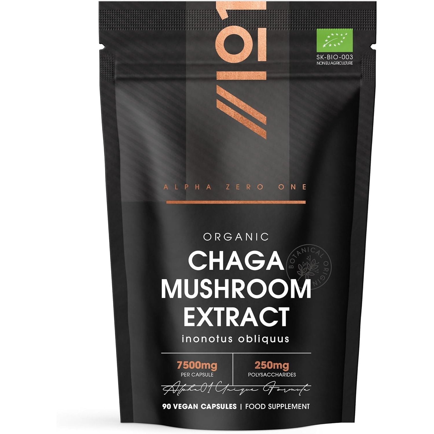 Organic Chaga Mushroom Capsules 7500Mg – 50% Polysaccharides (250Mg) - 90 Vegan Capsules (3 Months Supply) Resealable and Recyclable Pouch - by Alpha01