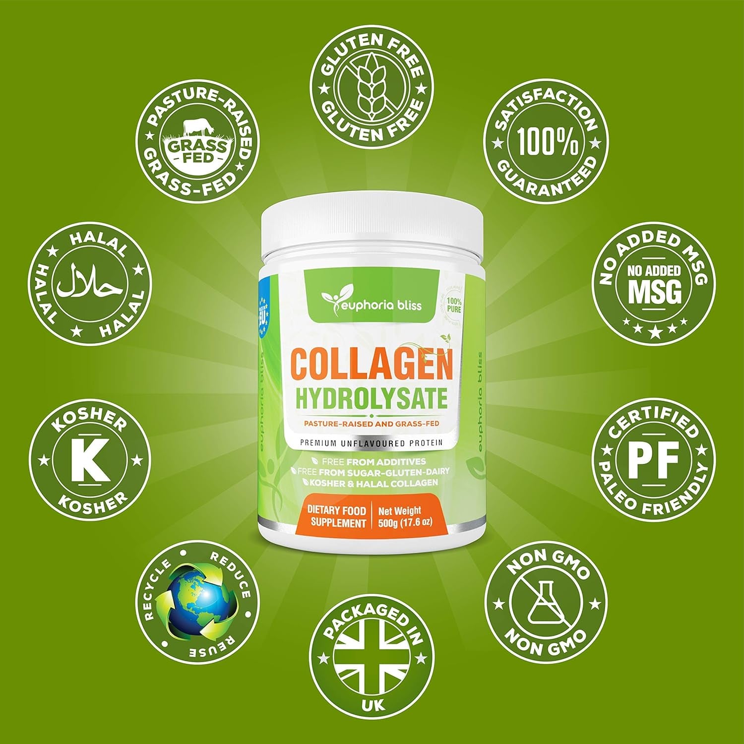 Premium Collagen Powder 500G Unflavoured High Grade Hydrolysed Collagen Joints, Bones, Gut, Wrinkles, Hair, Skin, Nails, Pain, Injury, Sleep, Fitness, Fasting Friendly, Keto, Halal & Kosher Certified