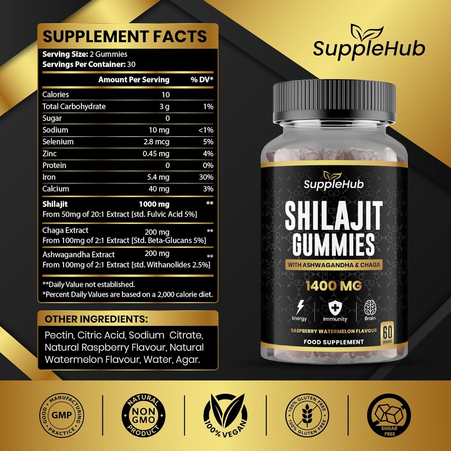 Shilajit Gummies 1400Mg, Pure Himalayan Shilajit Gummies with Ashwagandha and Chaga, Rich in Fulvic Acid, Natural Energy Boost, Sugar Free, Vegan, Raspberry & Watermelon Flavour - 60 Gummies/Bottle