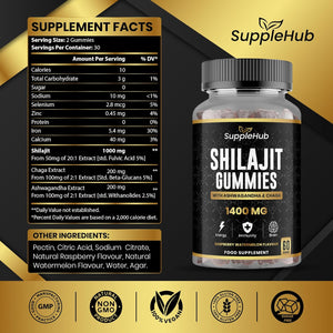 Shilajit Gummies 1400Mg, Pure Himalayan Shilajit Gummies with Ashwagandha and Chaga, Rich in Fulvic Acid, Natural Energy Boost, Sugar Free, Vegan, Raspberry & Watermelon Flavour - 60 Gummies/Bottle