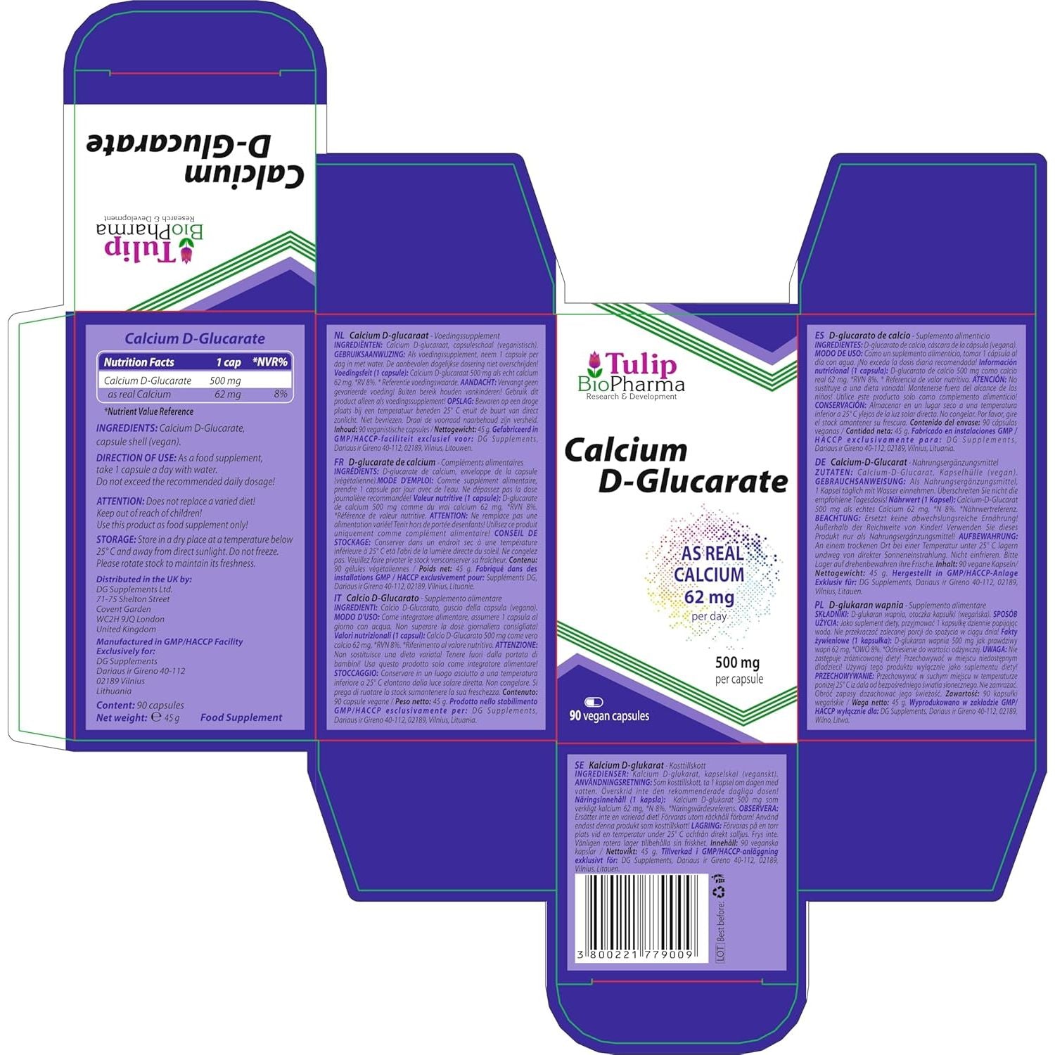 Tulip Biopharma Calcium D-Glucarate 500Mg 90 Capsules, 3Rd Party Lab Tested, High Strength Supplement, No Fillers or Bulkers, Gluten and GMO Free