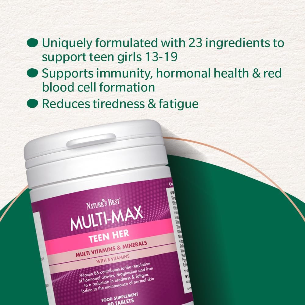 Nature'S Best Multi-Max Multivitamin for Teen Her - Growth & Development Support for Girls 13-19 - with Iron, Vitamin B6 & Vitamin C - UK Made - 90 Tablets (3 Months' Supply)