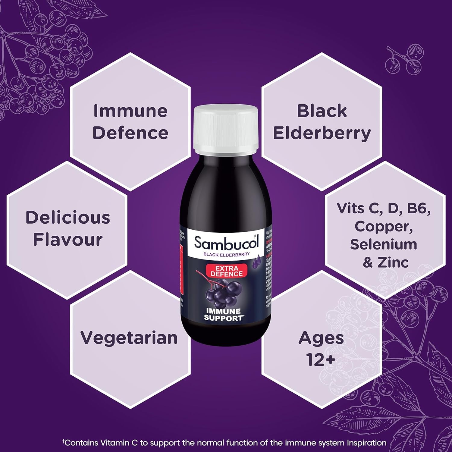 Sambucol Natural Black Elderberry Extra Defence Liquid | Vitamin C, B6 & D | Zinc | Folic Acid & Minerals |Advanced Immune Support Supplement | 120Ml