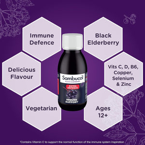 Sambucol Natural Black Elderberry Extra Defence Liquid | Vitamin C, B6 & D | Zinc | Folic Acid & Minerals |Advanced Immune Support Supplement | 120Ml